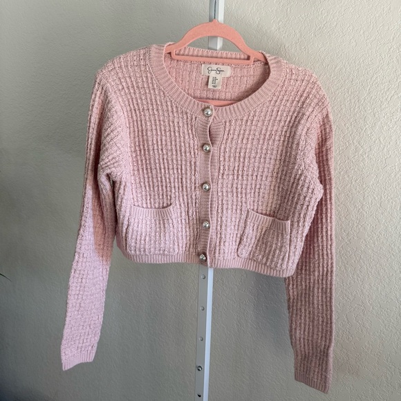 Jessica Simpson Pink Cropped Sweater Cardigan Pearl Buttons Pockets Size M - Picture 1 of 10
